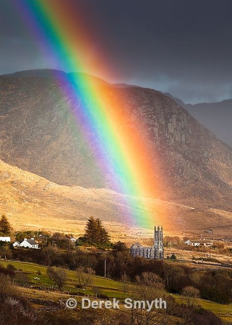 The ruins of Dunlewy Church is located at the foot of Mount Errigal in the area of Gweedore, County Donegal. The church was built in 1853 by Jane Smith Russell who had the church built as a memorial to her husband, James Russell, Landlord of the Dunlewey Estate. This photograph was taken on a at the end of a sunny afternoon as showers started to blow in of the Atlantic Ocean towards the Poison Glen Valley. Irish Eyes Are Smiling, County Donegal, Donegal Ireland, Under The Rainbow, Rainbow Connection, God's Promise, Rainbow Sky, Irish Heritage, Irish Blessing