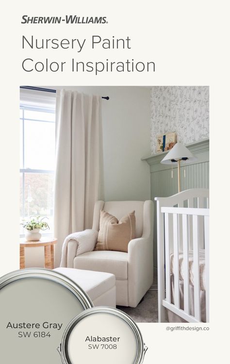 Balance your baby's nursery by pairing a light and airy green-gray with a bright white that remains cozy and soft. Tap this pin to order your FREE color chips to see what Alabaster SW 7008 and Austere Gray SW 6184 look like in your space. (Photo courtesy: @griffithdesign.co on Instagram.)   #SWColorLove #SherwinWilliams #DIY #InteriorDesign #Color #Inspiration #Paint #Nursery #GrayPaint #WhitePaint #GreenPaint Clary Sage Sherwin Williams Nursery, Sherwin Williams Nursery Colors, Austere Gray Sherwin Williams, Sherwin Williams Nursery, Nursery Paint Color, Austere Gray, Nursery Paint, Nursery Paint Colors, Best Bedroom Colors