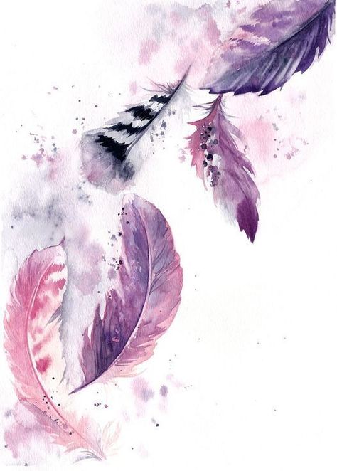 Feathers Painting, Feathers Illustration, Art Feathers, Grey Feathers, Purple Feathers, Feather Illustration, Watercolor Feather, Feather Wall Art, Purple Feather