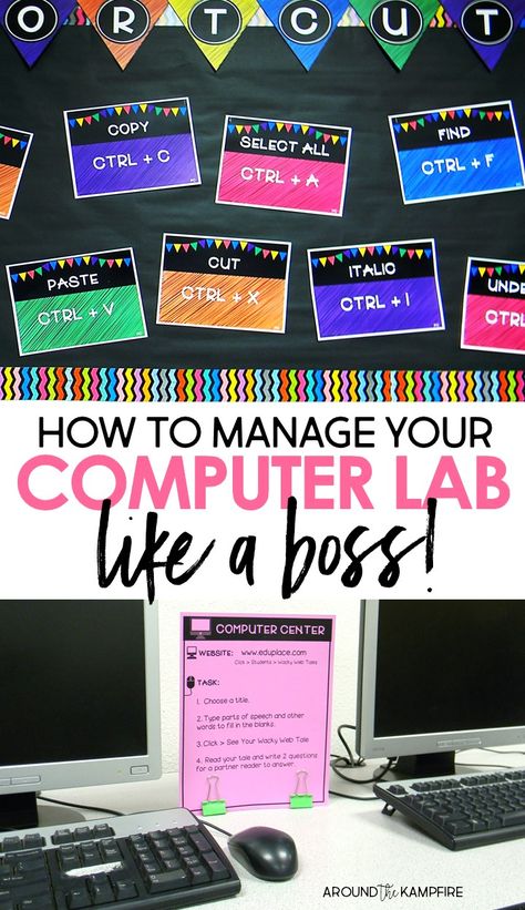 Get your classroom management on point with these 10 tips for managing your computer lab or technology classroom. Find computer lab bulletin board ideas plus easy ways to manage students, devices, logins and  tech support. Computer Lab Setup, High School Classroom Decorating Ideas Computer Lab, Generic Bulletin Board Ideas, Technology Classroom Ideas, Computer Classroom Decor Ideas, Keyboarding Classroom Ideas, Computer Classroom, Technology Classroom, Computer Lab Board Ideas