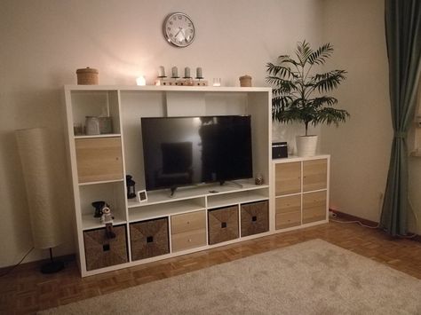 Lappland Ikea Hack, Ikea Lappland Tv Unit, Apartment Tv Stand Ideas, Lappland Tv Storage, Lappland Ikea, Kallax Living Room, Ikea Lappland, Kallax Inspiration, Ikea Tv Unit