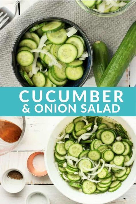 This make-ahead Cucumber and Onion Salad is a summertime superstar. Simple and delicious, the fresh ingredients let the garden-fresh produce shine in this easy cucumber salad. From my Nana's kitchen to yours, be the hit of your next BBQ or potluck with this classic cucumber salad recipe. #cucumbersalad #makeaheadappetizer Marinated Salads, Cucumber And Onion Salad, Cucumber And Onion, Cucumber Onion Salad, Cucumber Salad Vinegar, Easy Cucumber Salad, Spicy Cucumber Salad, Cucumber Onion, Vinegar Cucumbers