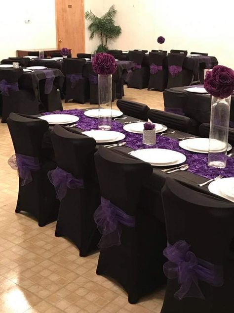 Black Purple And Silver Table Setting, Church Banquet Table Decorations, Black Wedding Table, Purple Party Decorations, Church Anniversary, Planning Business, Purple Party, Purple Decor, Silver Table