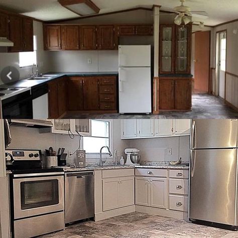 before and after images of mobile home kitchen renovation Mobile Home Kitchen Remodel Single Wide, Mobile Home Kitchen Cabinets, Mobile Home Redo, Countertop Concrete, Mobile Home Remodel, Mobile Home Kitchens, Home Renovation Costs, Mobile Home Kitchen, Mobile Home Makeovers