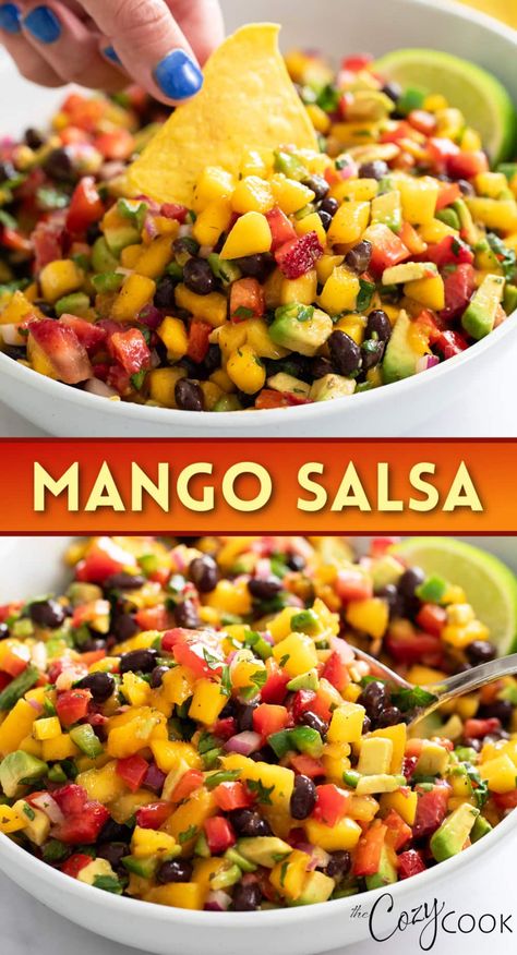 This refreshing Mango Salsa recipe has juicy mangos, fresh strawberries, peppers, black beans, avocado and more! Serve this as an appetizer with tortilla chips or add it to tacos, salad, chicken, and more! Summer Salsa Dip, Salsa Recipe Mango, Mango Black Bean Salsa, Guac Salsa Recipe, Mango Bean Salad, Chips And Salsa Recipe, Mango Corn Salsa Recipe, Whiskey Appetizers, Mango Avocado Salad Recipe