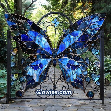 Butterfly Gate, Greenhouse Library, Pet Poems, The Butterfly Garden, Stained Glass Blue, Monique Lula, Garden Fence Art, Blue Morpho Butterfly, Morpho Butterfly