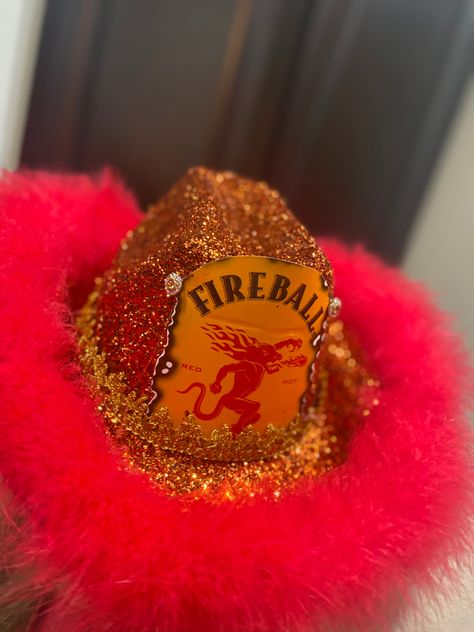 Cowboy party drinking hat 21+ fireball feathers glitter 2021 alcohol inspiration Fireball Cowgirl Hat, Fireball Cowboy Hat, Drink Cowboy Hat, Fireball Outfit, Fireball Halloween Costume, Fireball Hat, Fireball Costume, Birthday Drinks Alcohol, Alcohol Hats