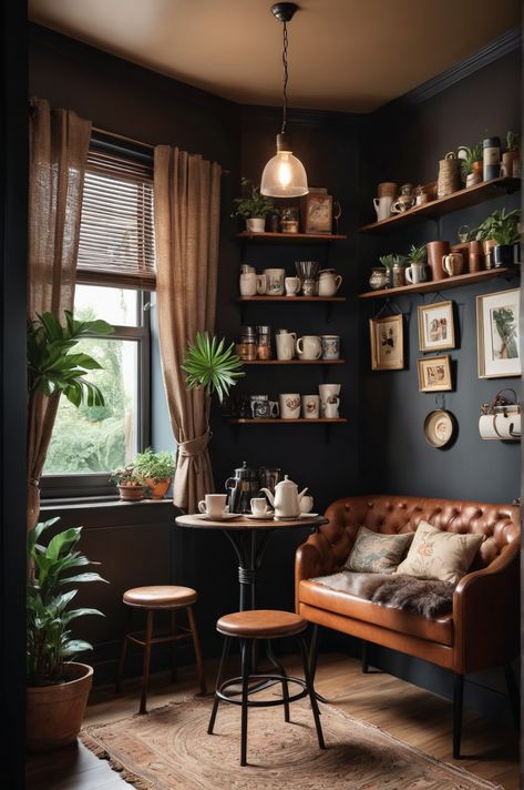 10 Ideas and Inspiration for Vintage Style Coffee Nooks - afullmug.com Coffee Corner With Chairs, Two Chair Seating Area, Vintage Coffee Bar Ideas, Moody Mcm, Moody Academia, Tea Area, Coffee Nooks, Nook Inspiration, Vintage Desk Chair