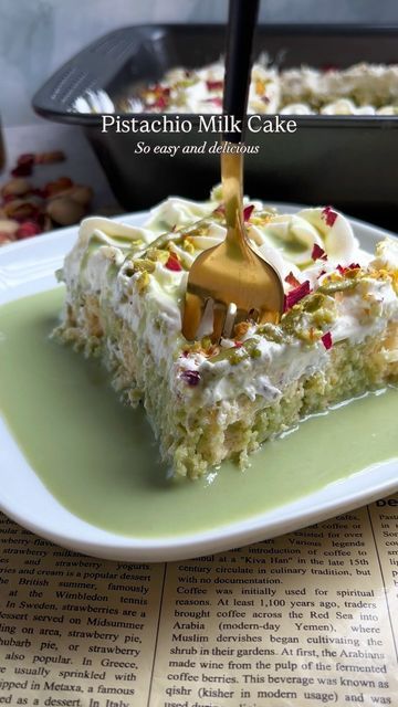 Aysha Begum on Instagram: "Pistachio Milk Cake✨ Recipe in comments.  Very easy to make and absolutely delicious.  If you want a slower video comment ‘recipe’ and I’ll send you the link.   Save, share and follow because I bring you easy and delicious recipes 😊  #pistachio #pistachiomilkcake #pistachiocake #tresleches #treslechescake #cake #dessert #baking #thebakefeed #feedfeed #easyrecipes #easyrecipe" Cake Plating Ideas, Pistachio Milk Cake, Atayef Recipe, Cake Plating, Milk Cake Recipe, Pistachio Milk, Plating Ideas, Pistachio Cake, Milk Cake