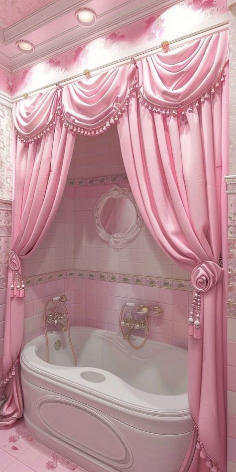 Pink Bathroom Makeover, Pink Bath Tub, Princess Bathroom, Pink Bathroom Ideas, Girly Pink Bedroom, Pink Bathrooms, Pink Bathtub, Home Design Magazines, Dream Bath