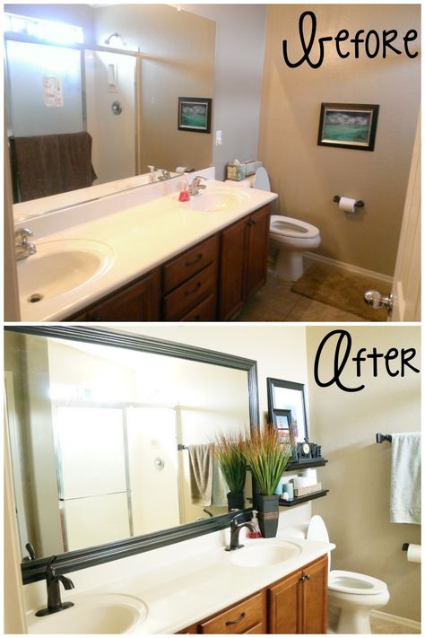 Master Bathroom Before & After Clean Cabinets, Makeover Kamar Mandi, Mirror Border, Simple Bathroom Decor, Cabinet Paint, Bad Inspiration, Small Bathroom Makeover, After Pictures, Up House