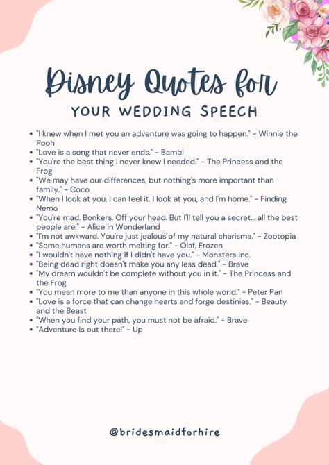 Disney Quotes for Wedding Speech | Bridesmaid For Hire Disney Wedding Quotes Marriage, Wedding Speech Ideas Sister, Romantic Disney Quotes, Disney Wedding Quotes, Speech Bridesmaid, Wedding Quotes Marriage, Wedding Speech Ideas, Quotes For Wedding, Wedding Speech Examples