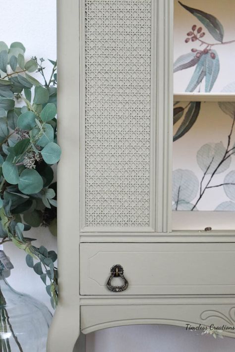 Painted Cane Cabinet, How To Add Cane To Furniture, Adding Cane To Cabinet Doors, Add Cane To Cabinet, Caning Furniture Diy, Cane Furniture Makeover, Burlap Furniture, Fusion Paint Furniture, Antique Hutch