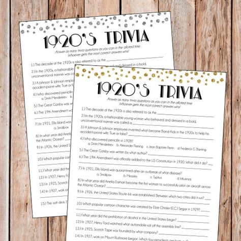 Hosting a Great Gatsby/1920s themed Bridal Shower, Bachelorette Party, Engagement Party, or New Years Party? This printable 1920s trivia game is a perfect ice-breaker. DIRECTIONS: Players each try to guess the answers to as many 1920s trivia questions as they can. Whoever has the most points at the Great Gatsby Bachelorette, Gatsby Bachelorette Party, Gatsby Bachelorette, Christmas Party Games For Groups, Wedding Bird, Bachelorette Game, Speakeasy Party, Masquerade Ball Party, Camp Theme