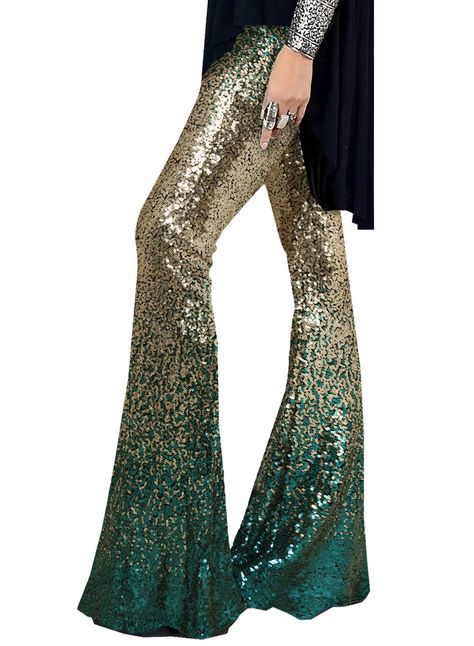 PRICES MAY VARY. Material: Sequins + Lining.This sequin floral trouser is made of high quality full sequins covered for a beautifully embellished with a soft lined for that perfect balance. This extraordinary pair of flare pants features an elastic, stretchy waistband that allows for comfortable wear. Has a relaxed, wide leg fit that is perfect for long hours, day or night! This style of pant is very dazzling, whether it is walking in the street under the sun, or sitting under the neon lights ca Sequin Bell Bottoms, Night Out Clubwear, Sparkly Pants, Sequin Flare Pants, Black Palazzo Pants, Floral Trousers, Disco Pants, Sequin Pants, Wide Leg Palazzo Pants