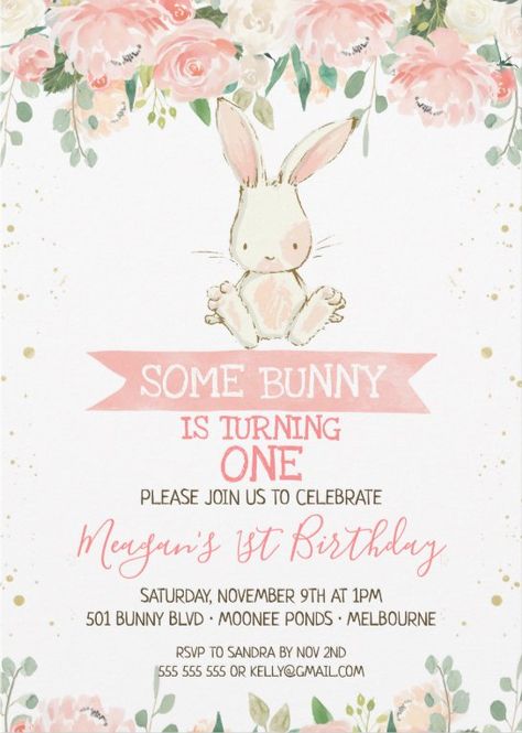 Bunny 1st Birthday Party, Bunny First Birthday, Some Bunny Is Turning One, Bunny 1st Birthday, Easter Birthday Party, Pink Banner, Bunny Birthday Party, Girls Birthday Party Ideas, Rabbit Birthday