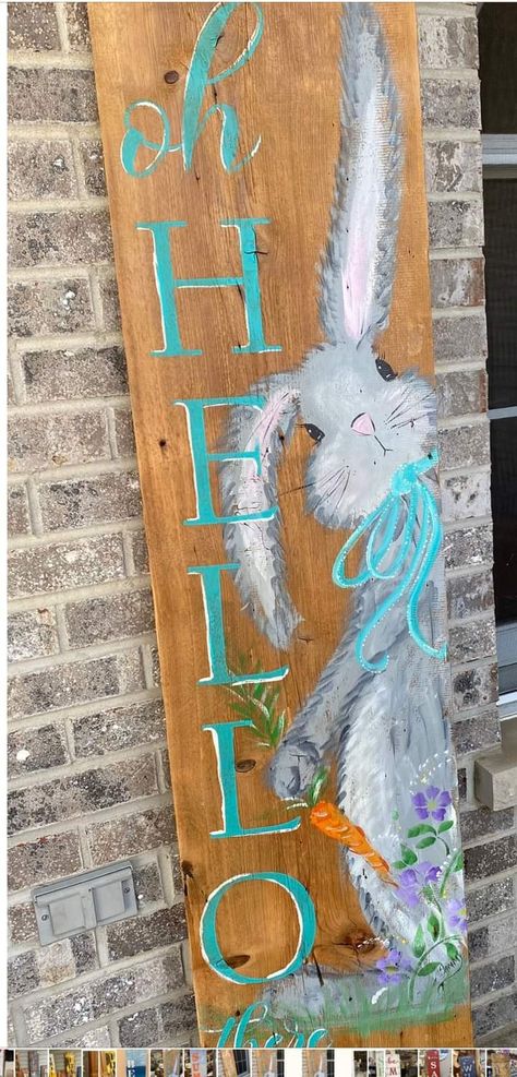 Summer Porch Signs, Barn Wood Art, Easter Wood Signs, Spring Rabbit, Easter Canvas, Easter Paintings, Easter Wood Crafts, Bunny Painting, Door Signs Diy