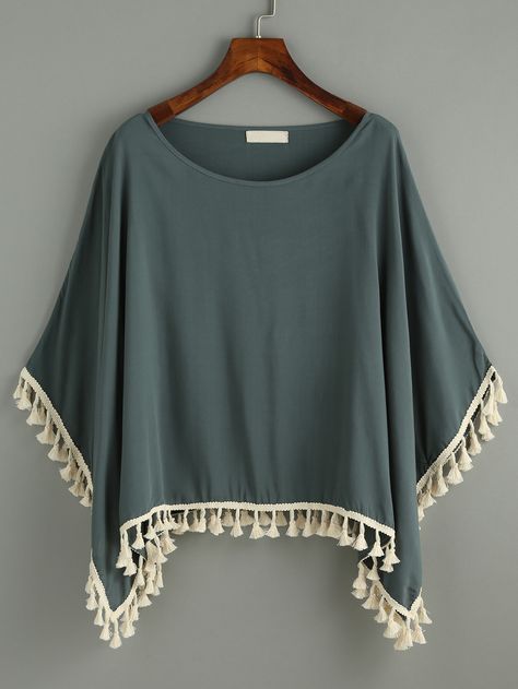 Shop Dark Green Tassel Trimmed Poncho Blouse online. SheIn offers Dark Green Tassel Trimmed Poncho Blouse & more to fit your fashionable needs. Ladies Tops Fashion Blouses, Summer Blouses For Women, Poncho Shirt, Poncho Fashion, Poncho Outfit, Poncho Design, Poncho Blouse, Kaftan Designs, Mode Kimono