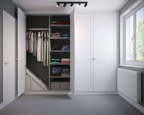 Built In Wardrobe Over Stairs, Wardrobe Over Bulkhead, Over Stair Box Ideas, Closet Over Stair Bulkhead, Wardrobe Built Over Stair Bulkhead, Staircase Box In Bedroom, Desk Over Stair Bulkhead, Cupboard Over Stairs Bulkhead, Box Room Wardrobe Walk In