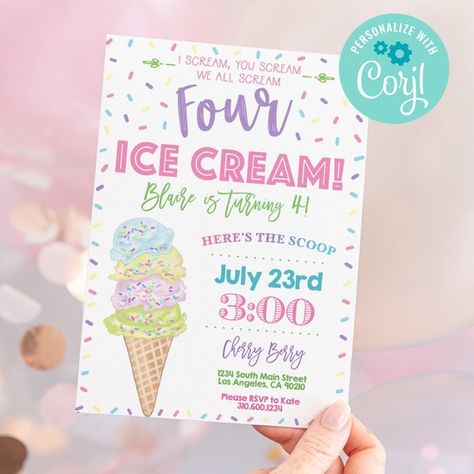 Ice Cream Birthday Party Invitations, Ice Cream Birthday Party Theme, Ice Cream Party Invitations, Ice Cream Invitation, 4de Verjaardag, Cream Birthday Party, Ice Cream Sprinkles, Girls Birthday Party Themes, Ice Cream Birthday Party