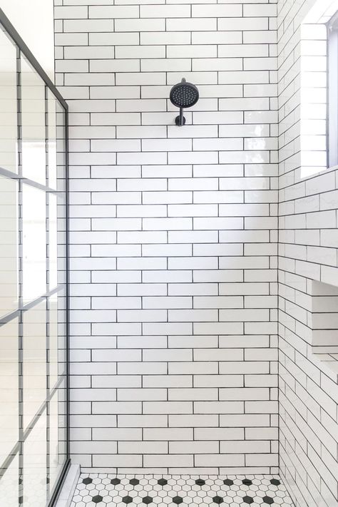 Black And White Tile With Black Grout, White Tile Black Grout, White Penny Tile Bathroom, Hexagonal Tiles Bathroom, White Tiles Black Grout, Large White Tiles, Penny Tiles Bathroom, White Subway Tile Shower, White Square Tiles