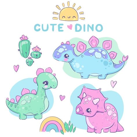 Vector set dinosaur girl and sun with ra... | Premium Vector #Freepik #vector #cute-illustration #cute #adorable #cute-cartoon Hand Drawn Fox, Pink Paw Print, Hello Cute, Cute Dino, Branch Vector, Pink Paws, Woodland Animal Prints, Baby Print, Kids Vector