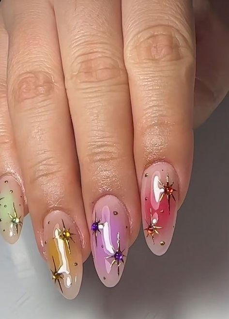 41 Aura Nails to Take Your Breath Away! - The Catalog Gel Charm Nails, Aura Nails Different Colors, Crazy Fun Nails, Whimsical Nails Short, Faerie Nails, Colorful Aura Nails, Nail Designs Aura, Dreamy Nail Art, September Nail Ideas 2024