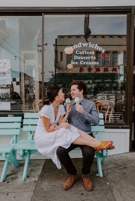 Engagement Photos - Katie Weinholt Engagement | Wedding Photography Couple Ice Cream Photography, Engagement Ice Cream Photos, Couple Eating Ice Cream Aesthetic, Couple Ice Cream Pictures, Milkshake Engagement Pictures, Candy Shop Engagement Photos, Ice Cream Shop Photo Shoot Couple, Gold Engagement Photos, Engagement Photos With Ice Cream