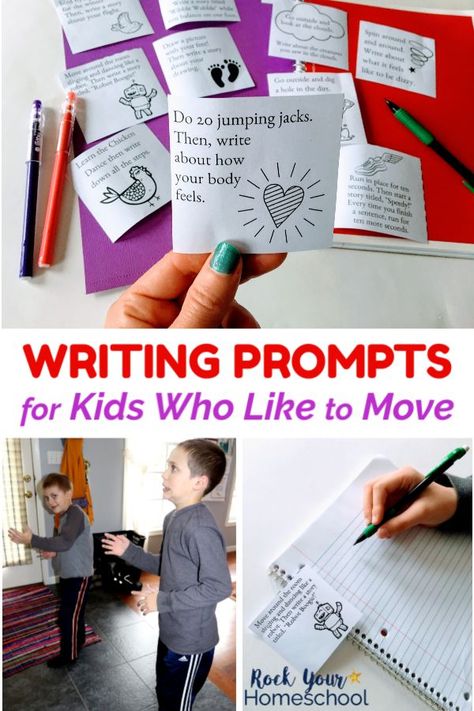 Got kids who like to move? Make writing time fun with these free writing prompts! Printable cards with awesome ideas for combining movement exercises with writing. Perfect for homeschool, classroom, & family fun. #freewritingpromptsforkids #freewritingprompts #writingpromptsforkids #funwritingprompts #writingpromptsforkidswholiketomove #writingfun Ks1 Science, Homeschool Journal, Eclectic Homeschooling, Movement Exercises, Classroom Family, Creative Writing For Kids, Free Writing Prompts, Secular Homeschool, Fun Writing Activities