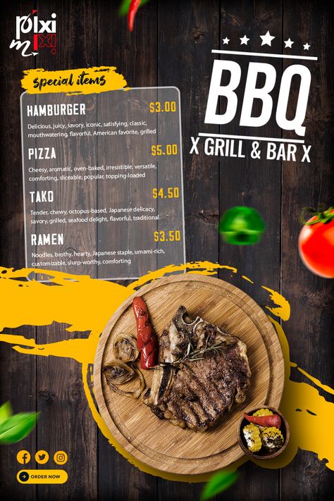 Restaurant menu designs, Restaurant menu design ideas Grill Menu Design, Bbq Menu Design, Traditional Ramen, Grilling Menu, Bbq Pizza, Bbq Menu, Menu Designs, Restaurant Menu Template, Rustic Bar