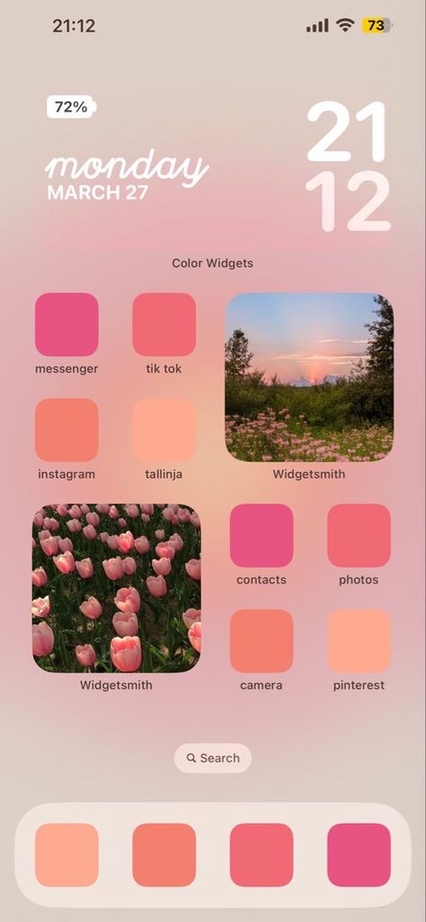 Cute Widgets Aesthetic Homescreen, Pretty Home Screen Layout, Flower Iphone Home Screen, Spring Medium Widget, Cute Home Screen Aesthetic, Bright Homescreen Ideas, Spring Aesthetic Homescreen, Ios 16 Home Screen Ideas Flowers, Spring Home Screen Wallpaper