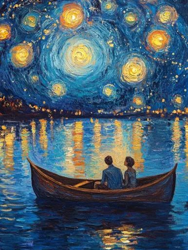 ↑↑↑ Larger size on website 🔸 The painting depicts a romantic scene with a couple in a rowboat on a calm, still lake. The night sk Romantic Landscape Painting, Starry Night Inspired Art, Couple Acrylic Painting, Romantic Paintings, Couple Painting, Warm And Cool Colors, Lake Painting, Canvas Drawings, Cartoon Posters