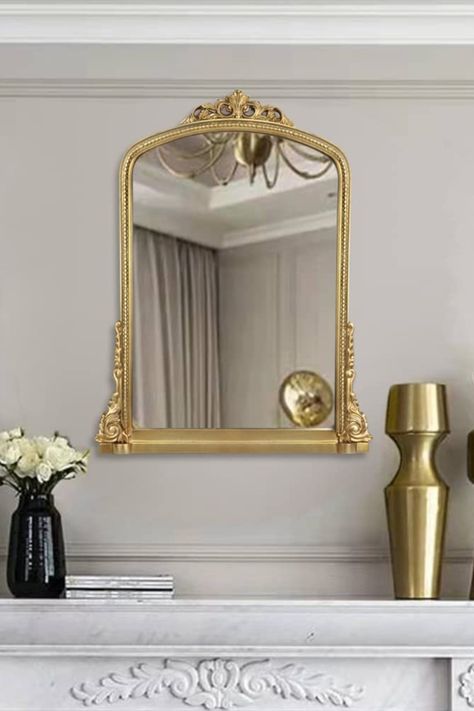 Arch Mirror Decor, Mirror Over Fireplace, Arch Wall Mirror, Vintage Fireplace, Gilded Mirror, Arch Wall, Mirror Vintage, Fireplace Mirror, Faux Fireplace