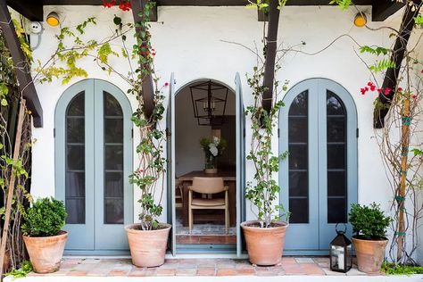 Spanish Bungalow Front Door, Spanish Galley Kitchen, Spanish Revival Mid Century, Spanish Style French Doors, Mcm Spanish Home, Mission Style Homes Exterior, California House Style, Spanish Bungalow Exterior, 1920s Spanish Home