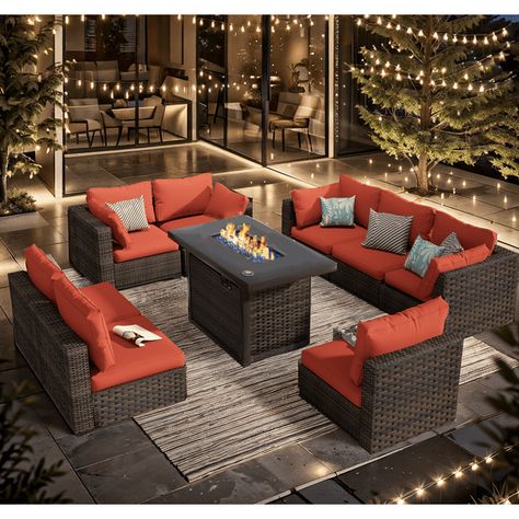 Grezone 9 Pieces Outdoor Patio Furniture with 43" 55000BTU Gas Propane Fire Pit Table PE Wicker Rattan Sectional Sofa Patio Conversation Sets - Walmart.com Outdoor Sectional Furniture, Beautiful Outdoor Living Spaces, Fire Pit Sets, Propane Fire Pit Table, Patio Conversation Sets, Frame Making, Gas Fire Pit Table, Patio Fire Pit, Outdoor Couch