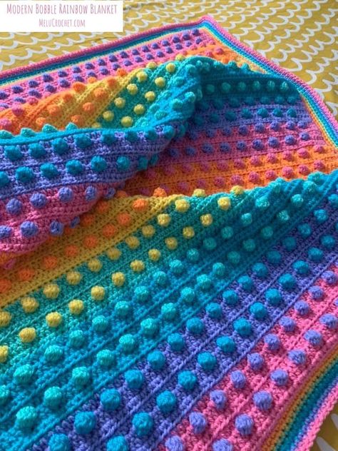 Modern Bobble Rainbow Blanket pattern by Melu Crochet Baby Afghan comforter and throw for unisex/boy/girl or home - Payhip Rainbow Yarn Crochet, Rainbow Crochet Blanket Pattern, Crochet Blanket Rainbow, Modern Haken, Crochet House, Rainbow Blanket, Crocheted Blanket, Modern Crochet Patterns, Blanket Ideas