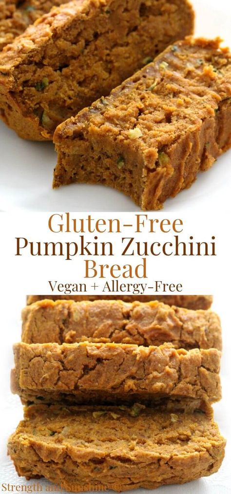 Gluten-Free Pumpkin Zucchini Bread (Vegan, Allergy-Free) | Strength and Sunshine | Transition from Summer to Fall with this healthy and delicious Gluten-Free Pumpkin Zucchini Bread! This easy quick bread recipe is vegan, allergy-free, sugar-free, and gives you a dose of veggies! Not too sweet, super moist, and lightly spiced for ultimate cozy vibes! Perfect for a quick breakfast or afternoon snack with tea or coffee. #pumpkinbread #zucchinibread #quickbread #glutenfreebread #fallbaking Pumpkin Zucchini Bread, Pumpkin Zucchini, Easy Quick Bread, Vegan Zucchini Bread, Gluten Free Pumpkin Recipes, Quick Bread Recipes Easy, Quick Bread Recipe, Pumpkin Recipes Healthy, Vegan Bread