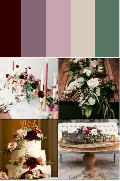 My perfect fall palette! Burgundy, mauve, dusty pink with taupe and eucalyptus accents Mauve Pink And Burgundy Wedding, Burgundy Mauve Champagne Wedding, Fall Wedding Mauve, Dark Mauve Wedding Color Pallets, Mauve And Ivory Wedding Color Palettes, Plum And Mauve Bouquet, Pink Green Wedding, Purple Table, Fall Palette