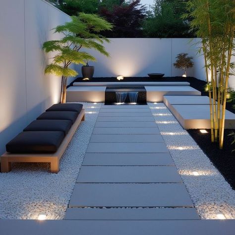 Modern Simple Backyard, Modern Zen Garden Design, Modern Zen Garden Backyard, Japandi Courtyard, Parking Flooring, Zen Outdoor Space, Outdoor Zen Garden, Zen Garden Backyard, Modern Zen Garden