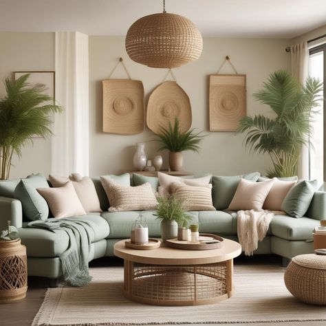 🌿🛋️ Bright living room with seafoam green couches + beige pillows. Wooden table with vases & flowers. Wicker light, green throw, wall art, & pouf. 🖼️🌾✨
#odastudioAI #odaAIstudio #odastudio
#livingroomdecor #cozylivingroom #modernlivingroom #livingroomdesign #livingroomstyle #smalllivingroom #livingroomdetails #livingroominspo #neutraldecor #homedecorideas Beige And Green Living Room Ideas, Light Green Sofa Living Room Ideas, Light Green Couch Living Room, Seafoam Green Living Room, Beige And White Living Room, Green Couches, Coastal Chic Living Room, Green Sofas, Green Couch Living Room