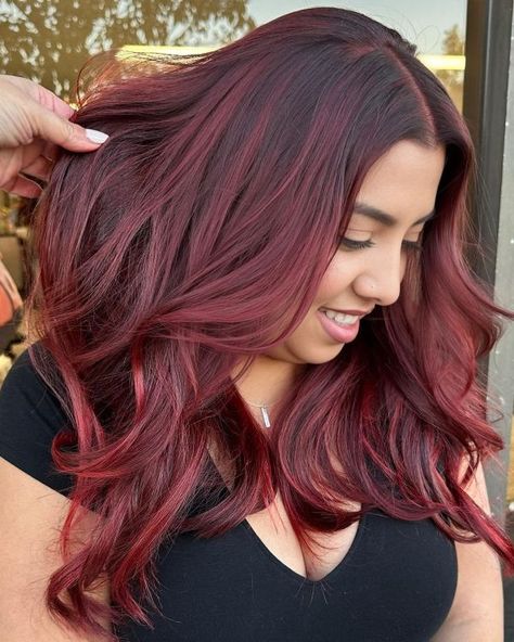 Burgundy Balayage Highlights for Dark Hair Red Hair Dark Roots, Light Burgundy Hair, Dark Maroon Hair, Burgundy Hair Colors, Highlight Placement, Burgundy Hair With Highlights, Short Burgundy Hair, Deep Burgundy Hair, Red Burgundy Hair Color