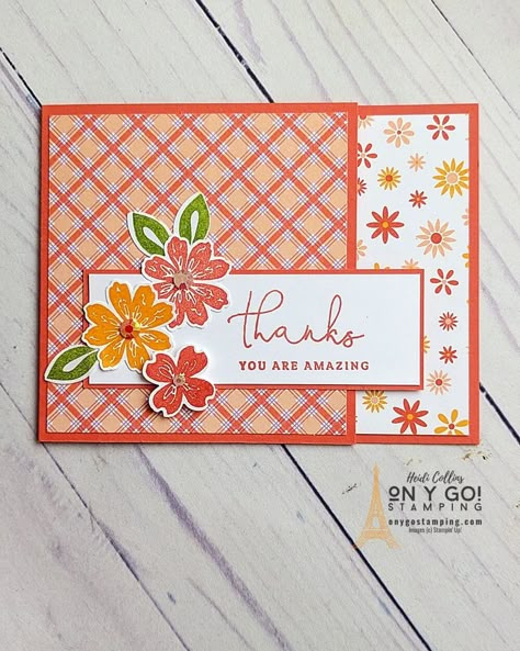 Quick and Easy Fun Fold Card Design with Patterned Paper from Stampin' Up! - ON Y GO! STAMPING Card Ideas Using Patterned Paper, Cards Using Floral Paper, Stampin Up Cards Thank You, Easy Card Layouts Simple, Cards With Dsp Paper, Stampin Up Designer Series Paper Cards, Su Dandy Designs Cards, Su Scrapbooking Layouts, Handmade Cards With Patterned Paper