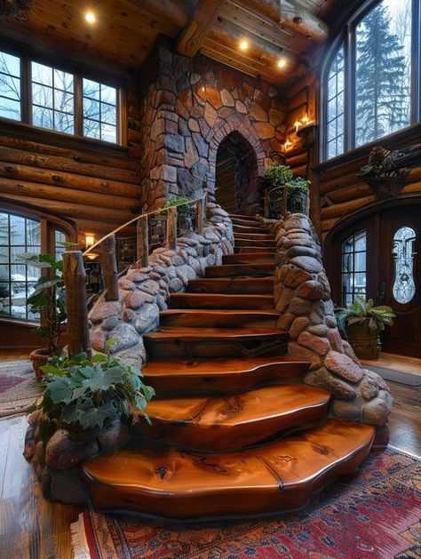 Cabin Castle, Stair Idea, Hobbit House Interior, Castle Inspiration, Magical Village, Modern Log Cabins, Hobbit Door, Lodge House, Log Cabin Living