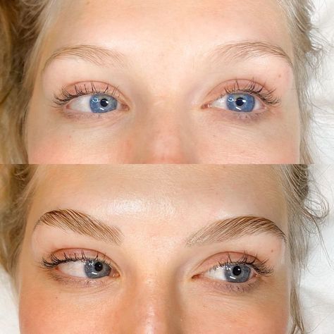 before and after eyebrow lamination on fair skin and blonde eyebrows Brown Eyebrows Blonde Hair, Blonde Hair Eyebrows, What Is Brow Lamination, Eyebrow Feathering, Eyebrow Before And After, Eyebrow Lamination, Eyebrow Makeup Products, Best Eyebrow Makeup, Blonde Eyebrows