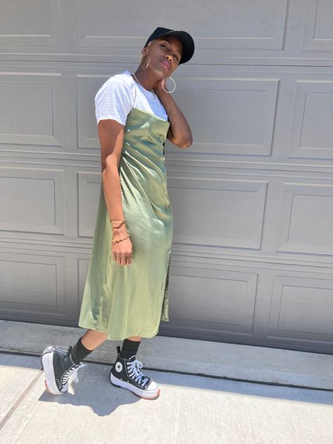 Casual Fit- green slip dress with white under, black socks, platform converse, black 1 hat #blackgirlfashion Slip Dress Sweatshirt, Dress With T Shirt Underneath, Slip Dress With Shirt Under, Dresses With Tshirts Under, Spaghetti Dress With Shirt Under, T Shirt Under Dress Outfits, Tshirt Under Dress Outfit, Tshirt Under Dress, Shirt And Dress Outfit Layering