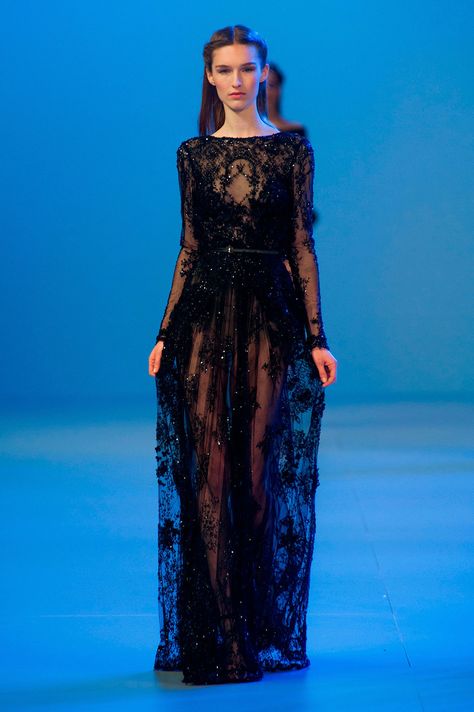 Elie Saab Black Dress, Black Elie Saab, Elie Saab Black, Elie Saab Dresses, Sheer Dresses, 2014 Couture, Elie Saab Haute Couture, Black Lace Gown, 2014 Runway