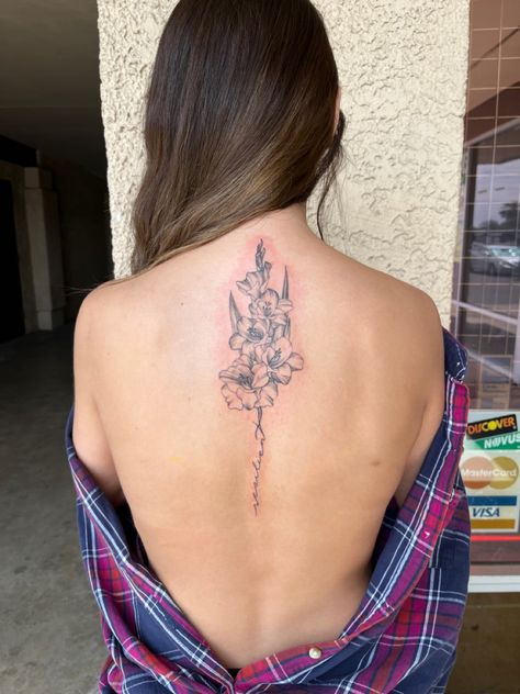 Gladiolus Spine Tattoo, Floral Spine Tattoo, Gladiolus Flower Tattoos, Gladiolus Tattoo, Poppy Flower Tattoo, Gladiolus Flower, Cute Little Tattoos, Spine Tattoo, Spine Tattoos