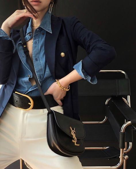 Saint Laurent Kaia Bag Outfit, Ysl Kaia Bag Outfit, Ysl Kaia Bag, Grey Bag Outfit, Blue Bag Outfit, Lux Fashion, Dream Bags, Ysl Bags, Bag Outfit