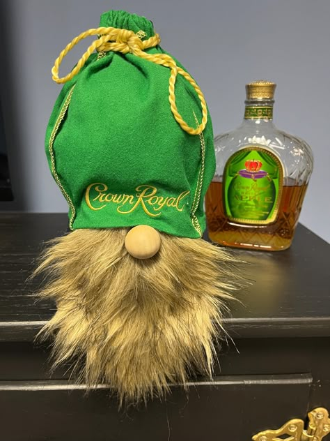 Apple Crown Royal Gnome. Great to add to your Bar Area. Great Gift for that Crown Royal Lover. Crown Royal Bottle Crafts Diy, Crown Royal Gnome, Crown Royal Diy, Crown Royal Crafts, Crown Royal Bottle, Crown Bottle, Crown Royal Bags, Whiskey Bottles, Bar Gift