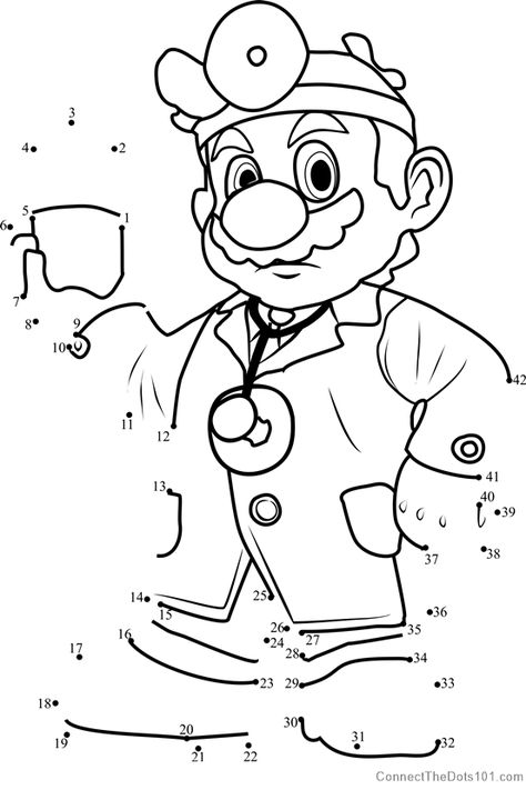 Dr Mario from Super Mario dot to dot printable worksheet - Connect The Dots - ConnectTheDots101.com Mario Worksheets, Super Mario Word Search, Superhero Dot To Dot, Mario Connect The Dots, Dot To Dot Printables For Kids Free 1-10, Dot To Dot Printables For Kids Free 1-100, Dot Worksheets, Super Mario World, Dotted Page